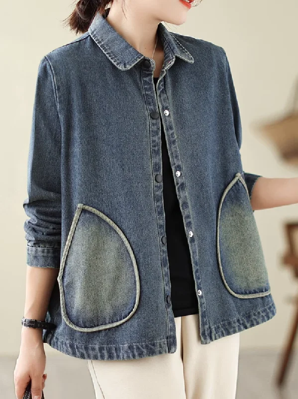 Women's Beautiful Side Pockets Denim Coat Shawl Collar Notch Collar Lapel Collar