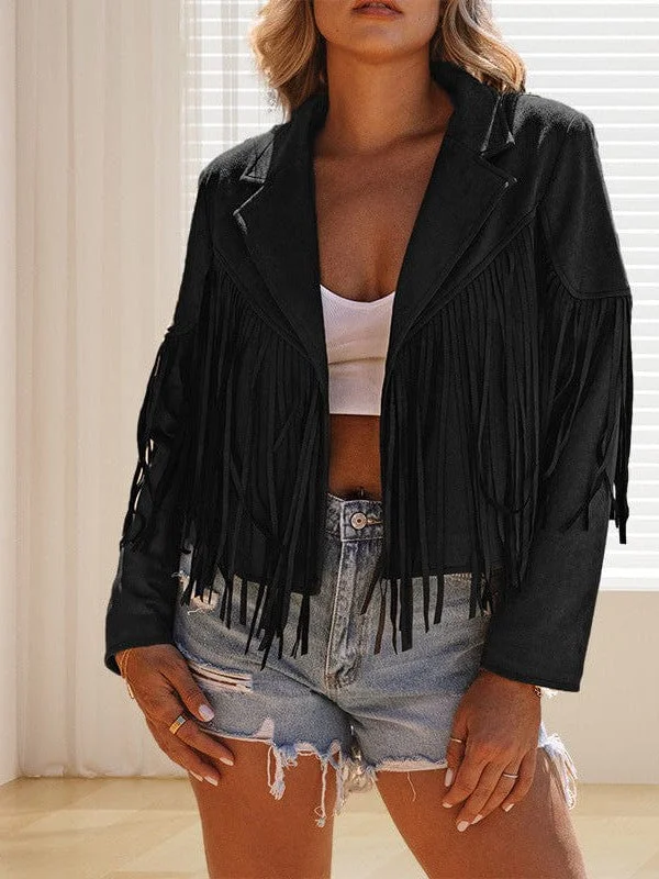 Lapel Fringe Long Sleeve Coat Sequined Lace Ribbed