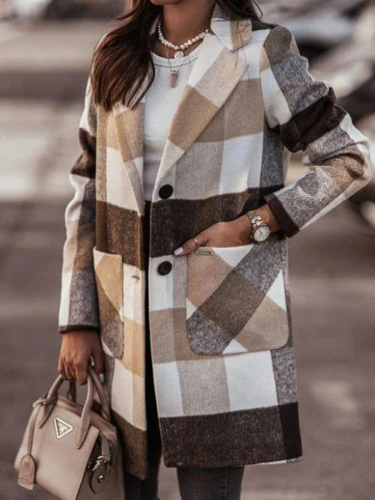 Stylish Loose Lapel Woolen Coat with Checkered Pockets Buttoned Zippered Snapped
