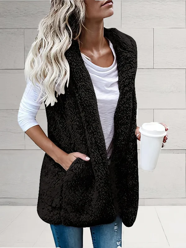Hooded Sleeveless Pocket Fur Vest Zip Hoodie Drawstring Kangaroo Pocket