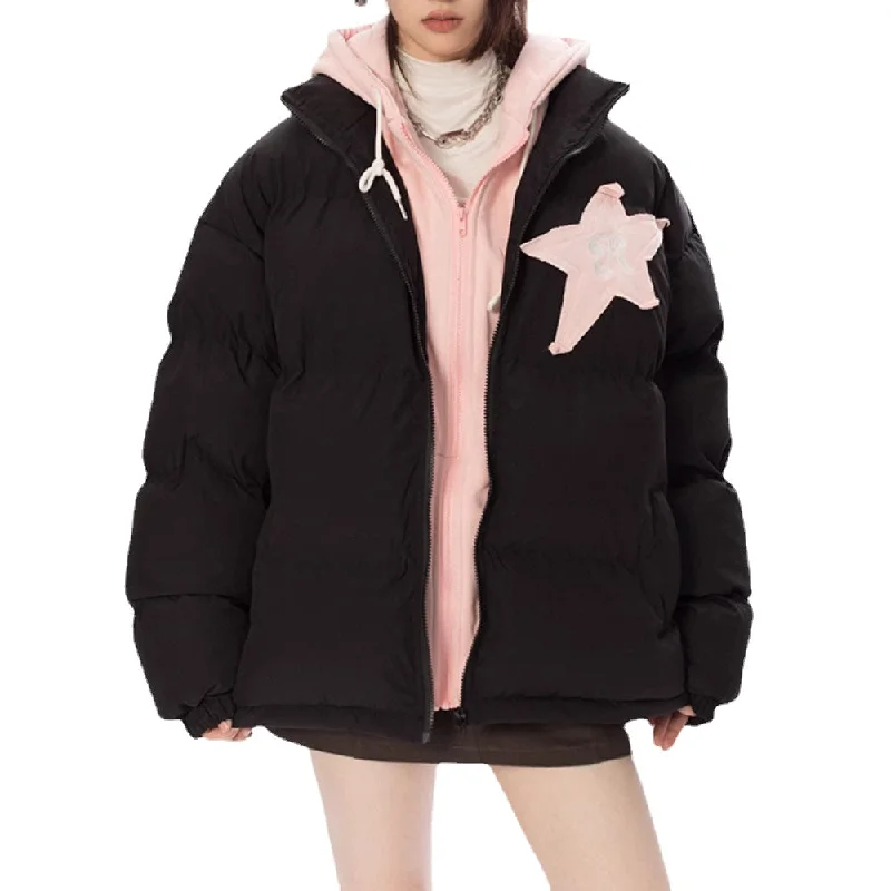 Women's Fake Two Piece Star Coat Asymmetrical Collar Hooded Zippered