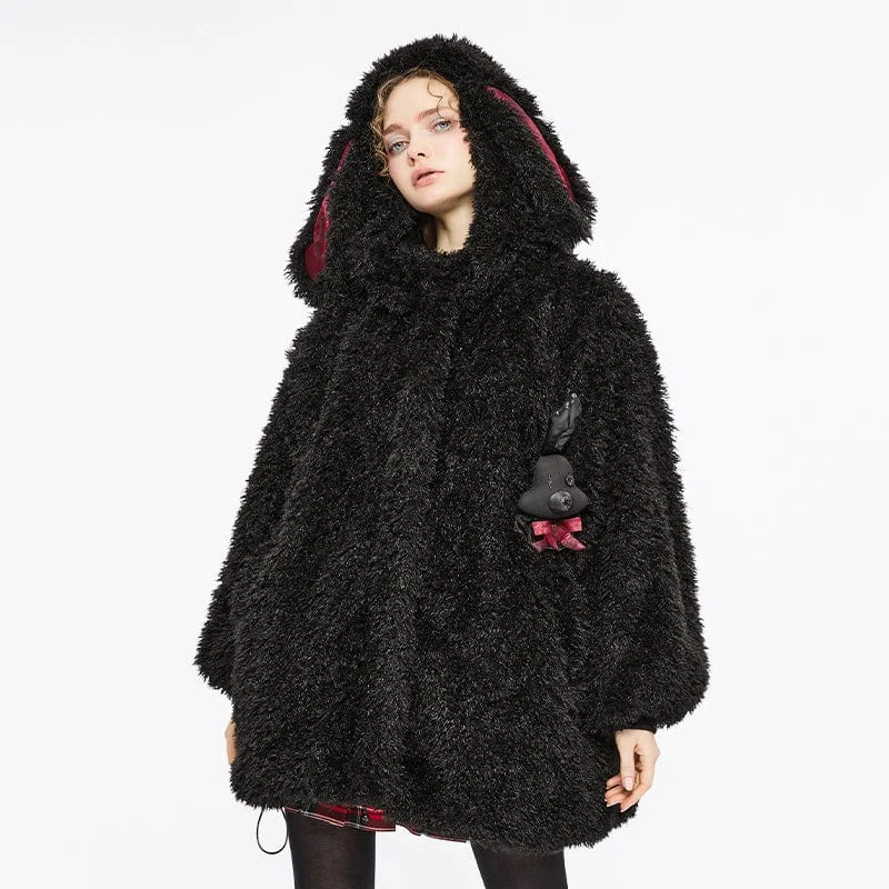 Women's Grunge Drawstring Woolen Coat with Rabbit Hood empire Basque Peplum