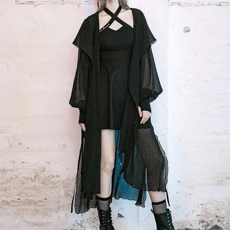 Women's Hooded Bubble Sleeved Sheer Long Cloaks With Scarve Hoodie with Strings Custom Fit Adjustable