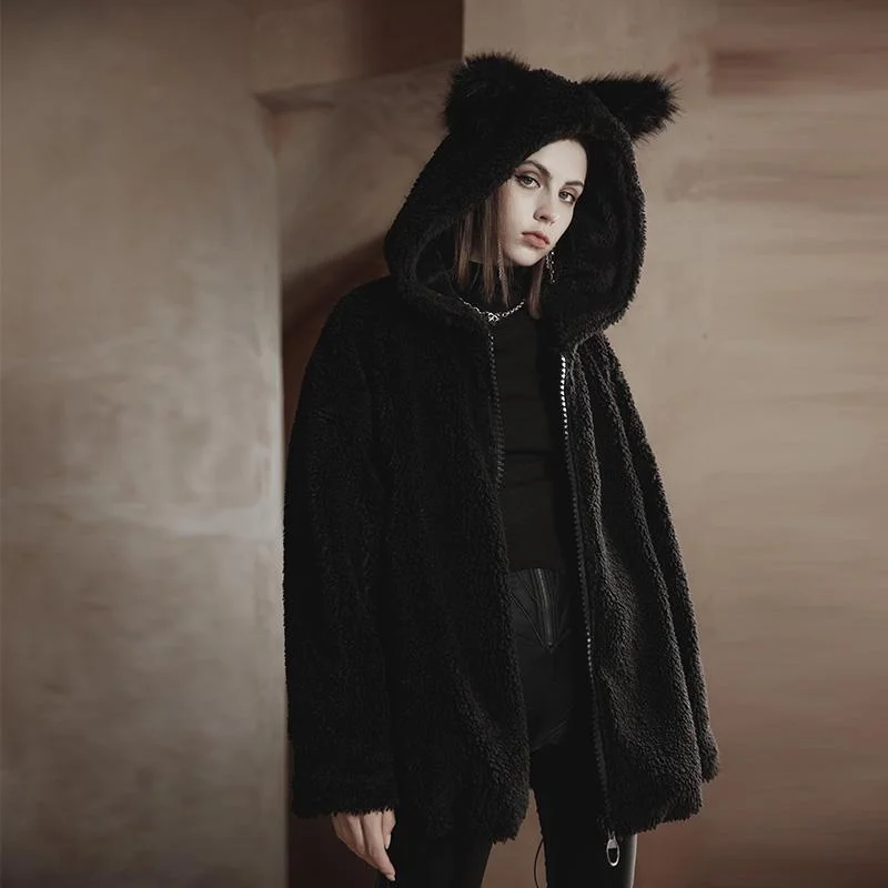 Women's Punk Drawstring Sherpa Coat with Hood Bodycon Sheath Shift