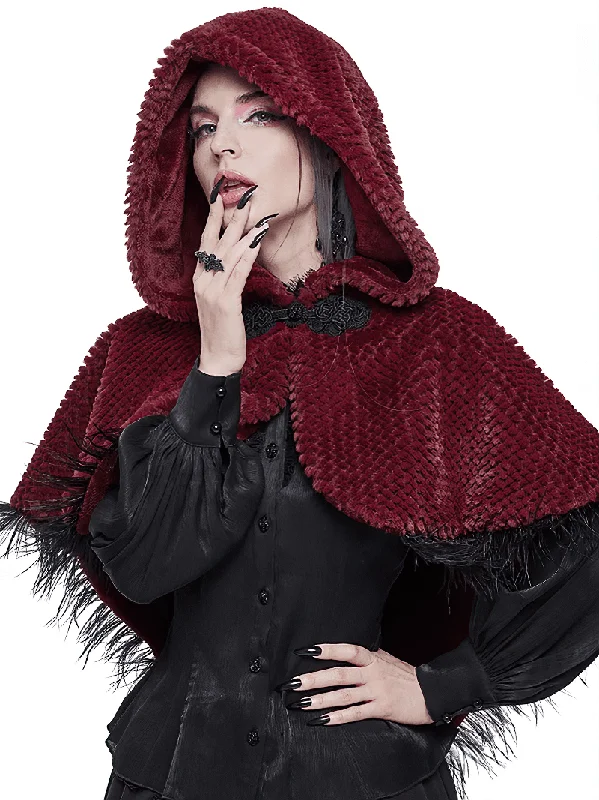 Women's Red Hooded Short Cape with Fringes / Grained Plush Cape with Fur Balls on the Back Hoodie with High Neck Warm Protective Women's Red Hooded Short Cape with Fringes / Grained Plush Cape with Fur Balls on the Back Hoodie with High Neck Warm Protective