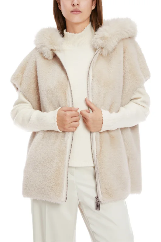 Hooded Faux Fur Vest Hoodie with Illustration Artistic Creative