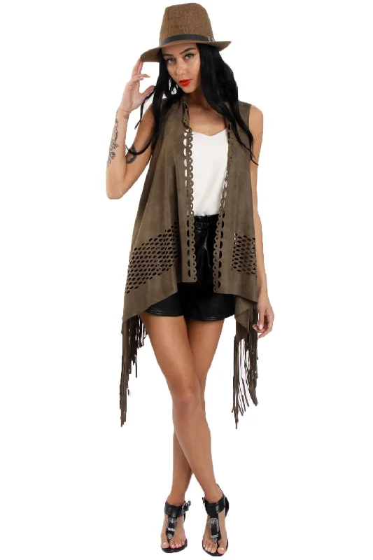 Laser Cut Faux Suede Waterfall Fringed Waistcoat Stylish Belted Waistcoat Jacket