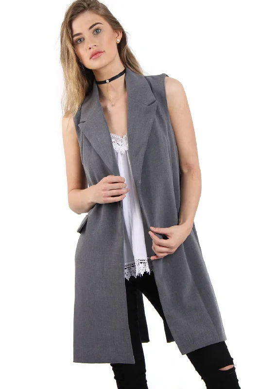 Longline Sleeveless Waistcoat with Split Buttons Back Detail Chic Open-Front Waistcoat Vest