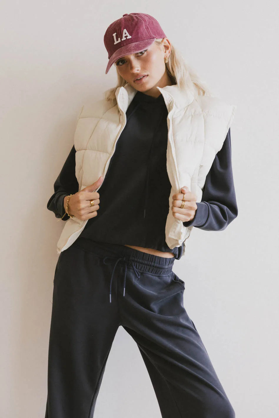 Bellese Quilted Puffer Vest in Bone Sporty Zip Vest