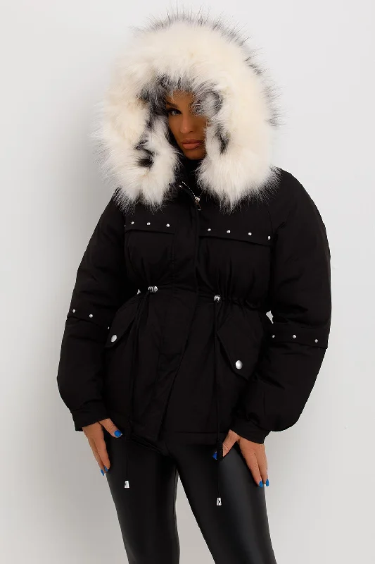 Black Coat With Faux Fur Hood And Drawstring Waist Cardigan Sweater Pullover