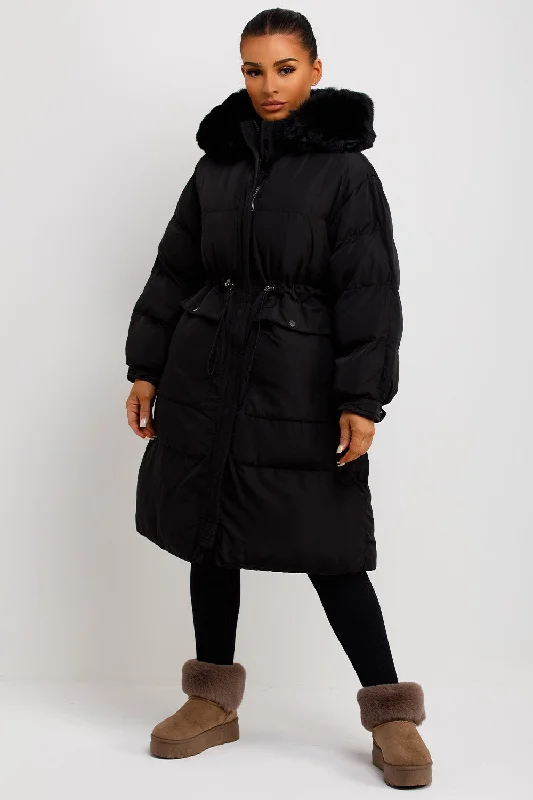 Long Black Puffer Coat With Faux Fur Hood And Drawstring Waist Trench Wool Cashmere
