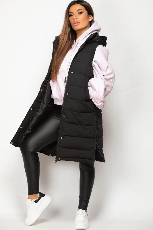 Black Padded Longline Hooded Gilet Hoodie with Hem Applique Textured Unique