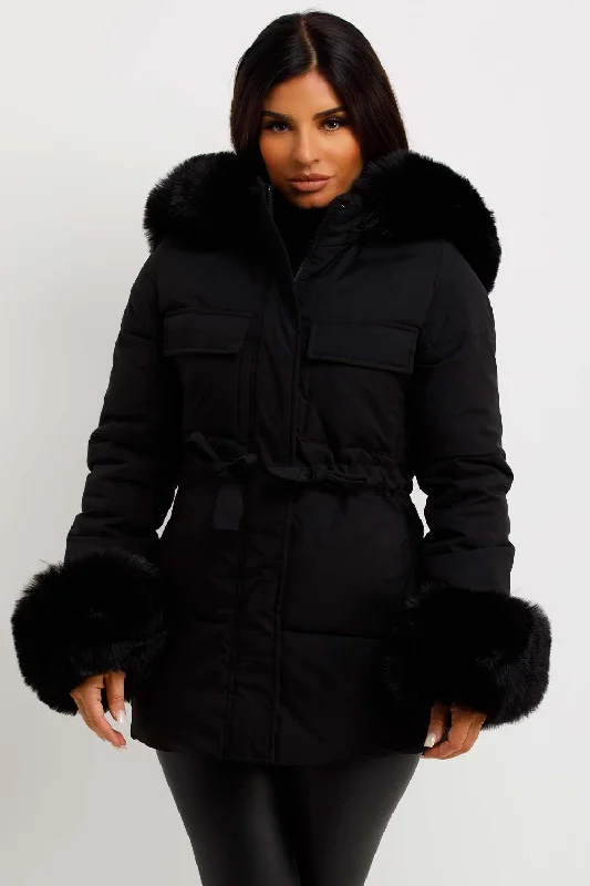 Black Puffer Coat With Faux Fur Hood Cuff And Drawstring Vent Hem Cuff