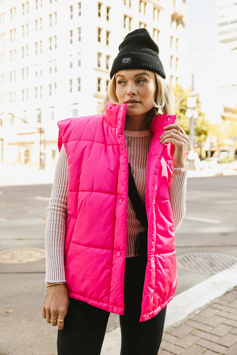 Caelan Puffer Vest in Pink Trendy Waterfall Vest