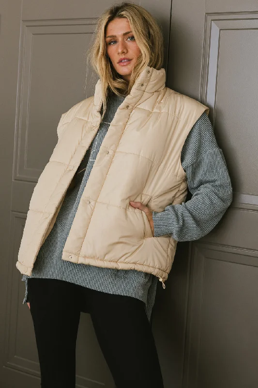 Caelan Puffer Vest in Cream Sleeveless Herringbone Vest