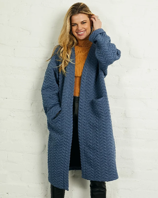 Quilted Long Open Front Coat with Pockets in Blue | Cali Asymmetrical Diagonal princess Quilted Long Open Front Coat with Pockets in Blue | Cali Asymmetrical Diagonal princess