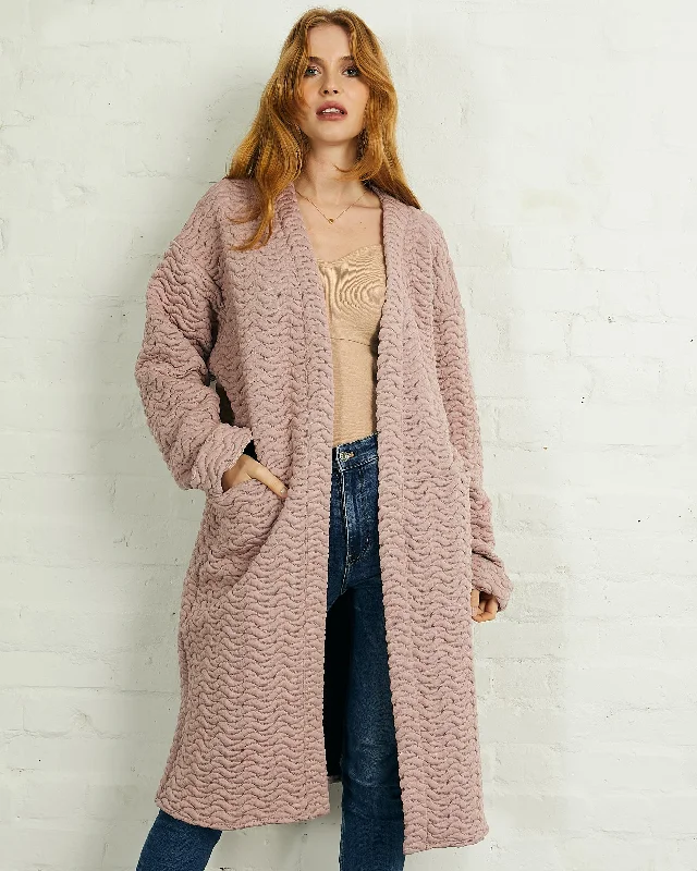 Quilted Long Open Front Coat with Pockets in Pink | Cali empire Basque Peplum