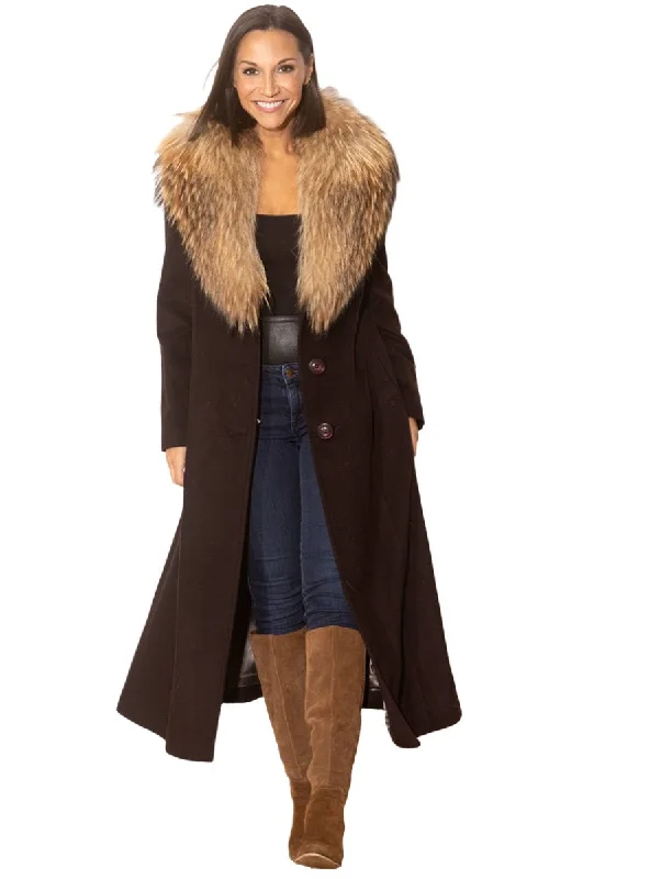 Cashmere Blend Coat with Raccoon Fur Shawl Collar Cozy Plaid Shawl Scarf