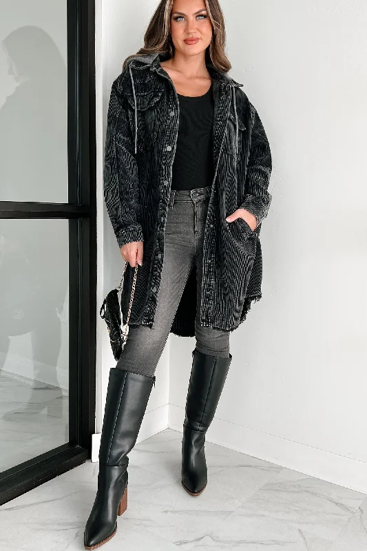 Check Your Facts Hooded Long Corduroy Shacket (Black/Charcoal) Hoodie with Raglan Sleeves Sporty Comfortable Check Your Facts Hooded Long Corduroy Shacket (Black/Charcoal) Hoodie with Raglan Sleeves Sporty Comfortable