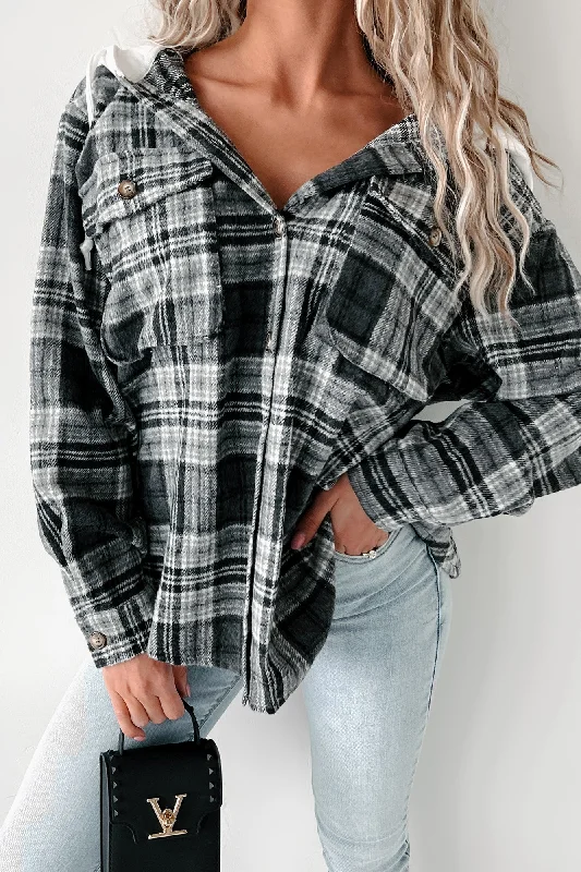 Courtney Hooded Plaid Shacket (Grey) Hoodie with Rolled Sleeves Casual Relaxed