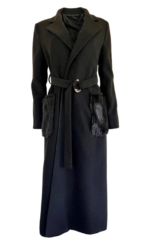 Black Classic Coat with Faux Fur Pockets Nylon Polyester Spandex