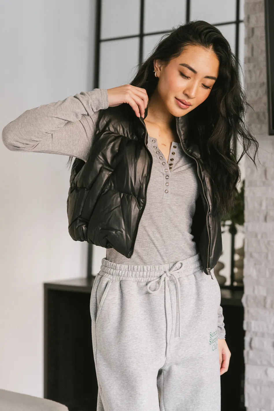 Elise Puffer Vest in Black Quilted Down Vest