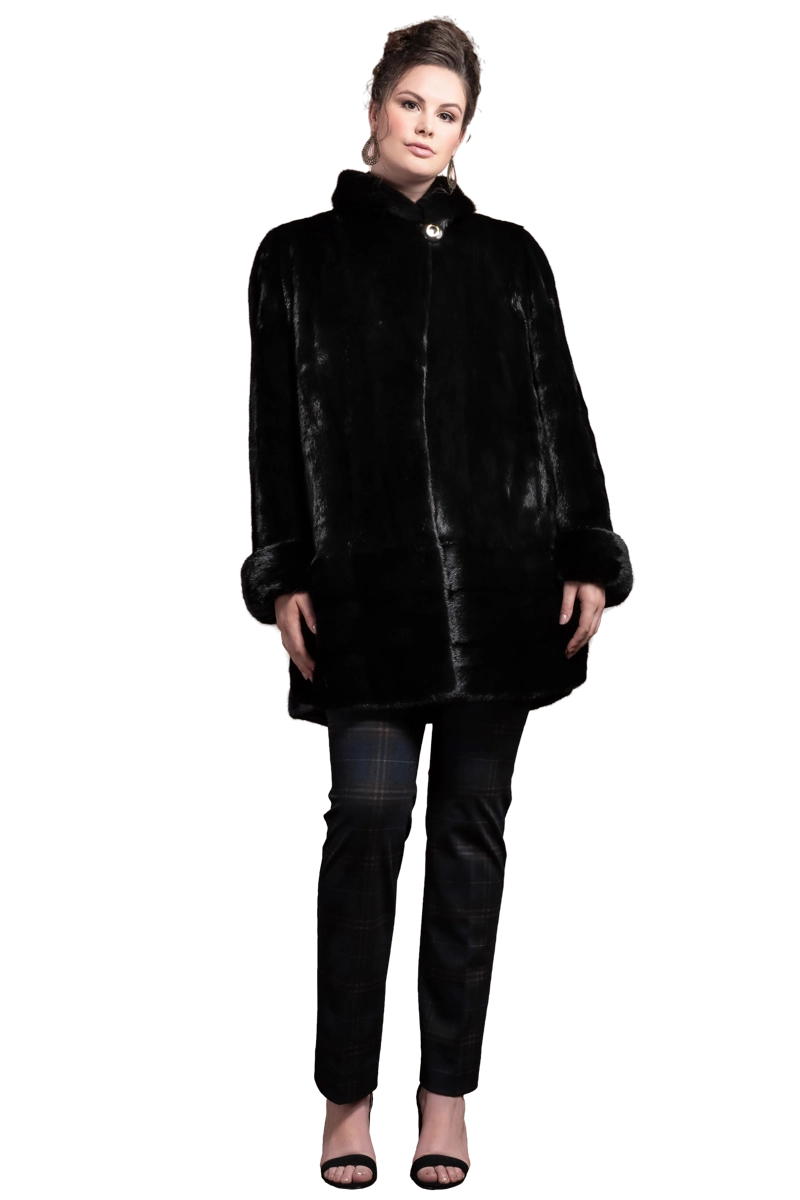 Plus Size Fashionable Mid Length Mink Fur Coat - Shawl Collar - Horizontal Hem Fashionable Shawl with Tassels Plus Size Fashionable Mid Length Mink Fur Coat - Shawl Collar - Horizontal Hem Fashionable Shawl with Tassels