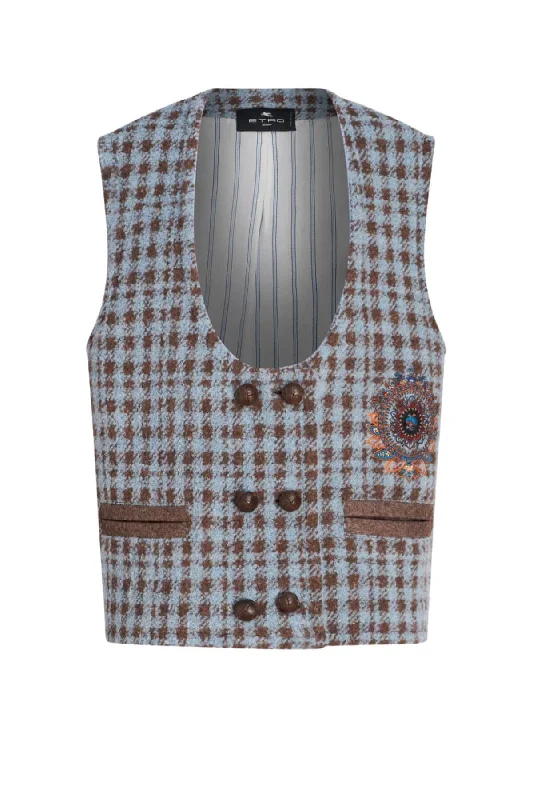Etro Embroidered Houndstooth Waistcoat - Blue Fashionable Sleeveless Waistcoat