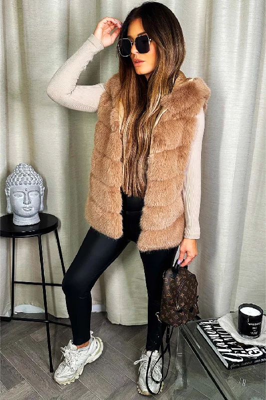 Faux Fur Hooded Gilet Beige Hoodie Jacket Zipper Layering