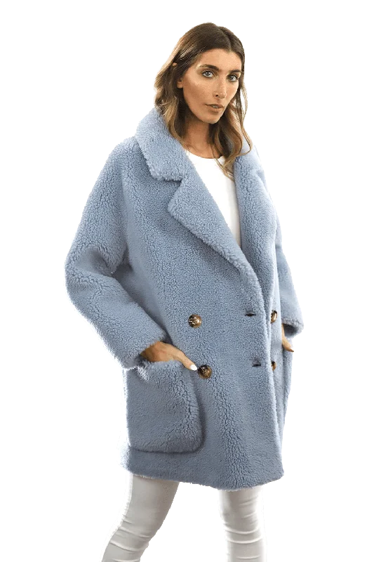 Faux Fur Teddy Coat with Pockets - Blue Parka Down Jacket Wool Coat
