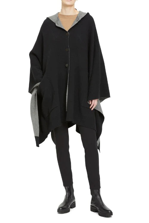 Felted Wool-Cashmere Hooded Poncho - Black / Grey Hoodie Dress Longline Feminine