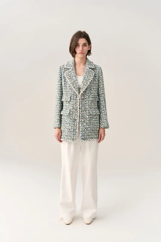 Flap Pocket Notch-lapels Tweed Coat Hook-and-Loop Buckled Tied