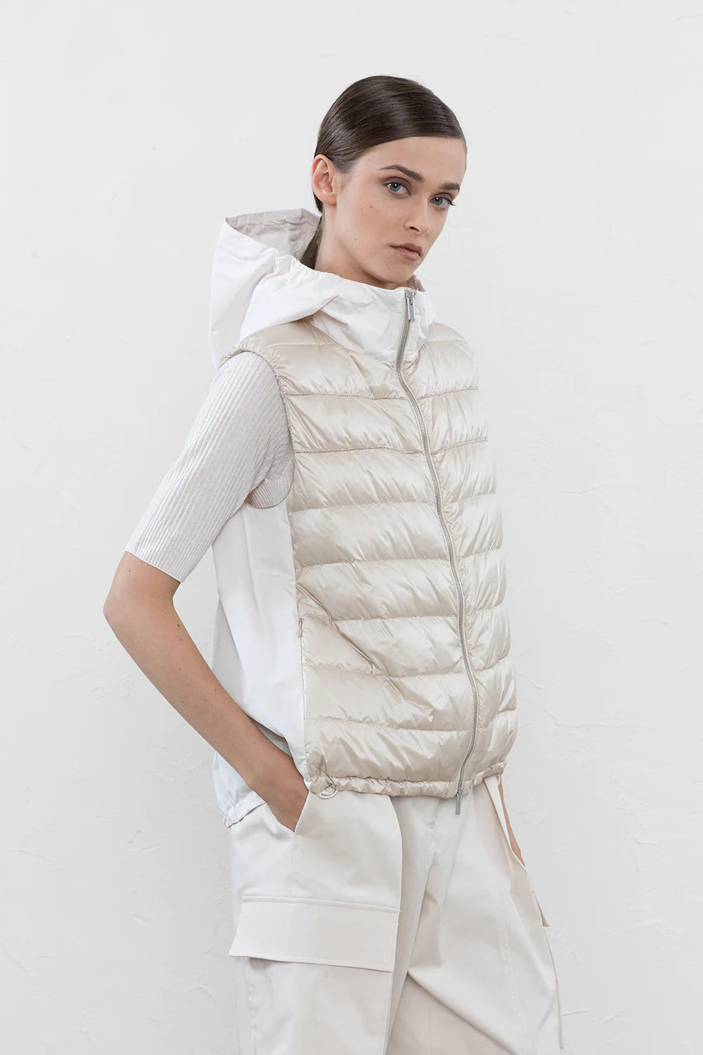 Hooded Down Filled Vest - Letter Paper Hoodie with Hem Frayed Vintage Worn