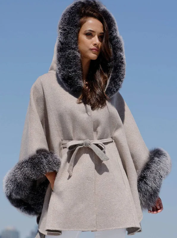 Hooded Poncho With Fur Trim Hoodie with Hem Raw Edge Edgy Unfinished