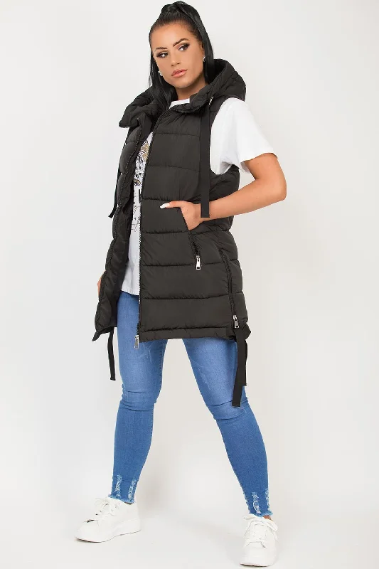 Hooded Puffer Gilet Body Warmer Black Hooded Sweatshirt Casual Wear Street Style
