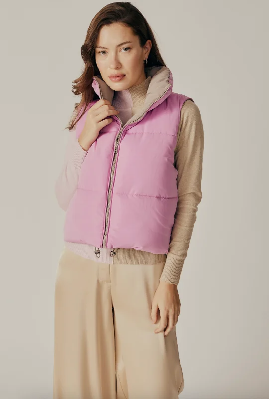 Kansas Reversible Puffer Vest - Pink / Mink Collared Sleeveless Coat