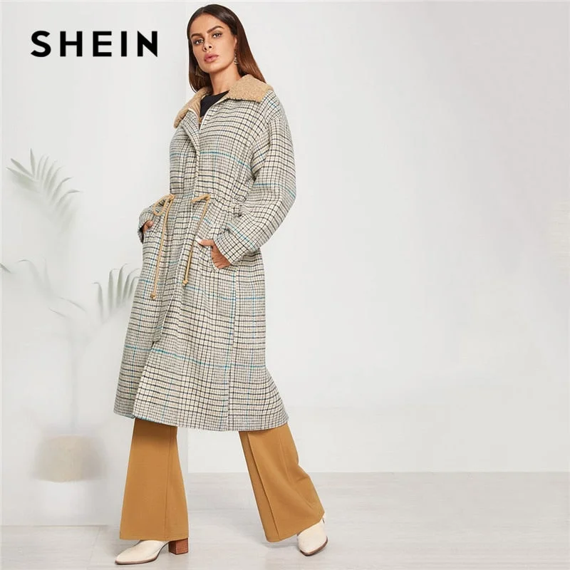 Khaki Fleece Collar Plaid Coat Highstreet Long Sleeve Pocket Zipper Trapeze Tunic Caftan Khaki Fleece Collar Plaid Coat Highstreet Long Sleeve Pocket Zipper Trapeze Tunic Caftan