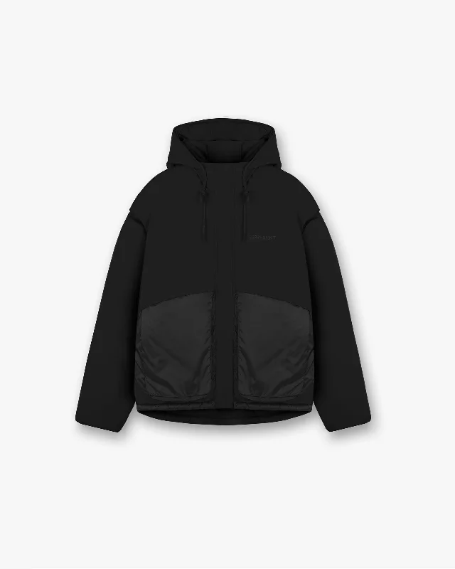 Layered Hooded Puffer - Jet Black Hoodie with Pocket Utility Practical