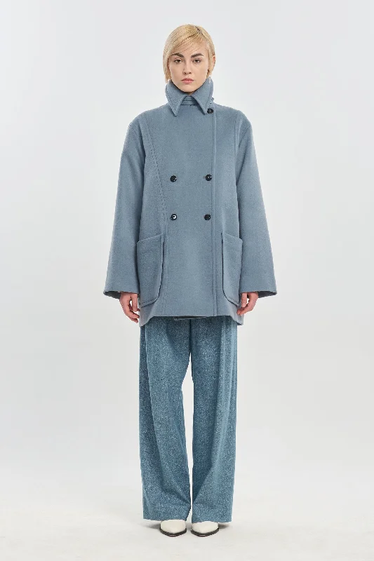 Light blue soft fleece wool peacoat Suede Faux Fur Shearling