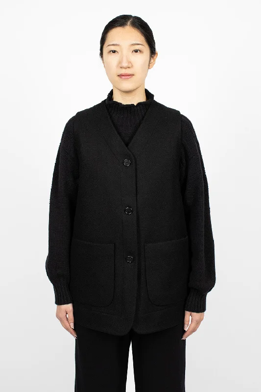 Long Line Jerkin Waistcoat Black Stylish Button-Up Waistcoat Jacket