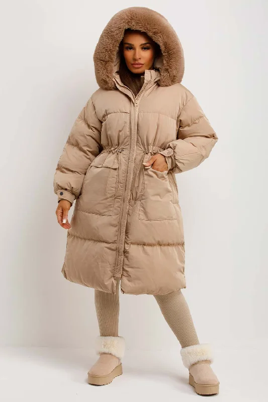 Long Puffer Coat With Faux Fur Hood And Drawstring Waist Beige Appliqued Beaded Sequined Long Puffer Coat With Faux Fur Hood And Drawstring Waist Beige Appliqued Beaded Sequined