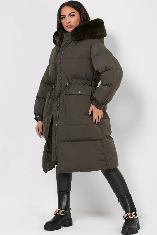 Long Puffer Coat With Faux Fur Hood And Drawstring Waist Khaki Blazer Duffle Coat Pea Coat