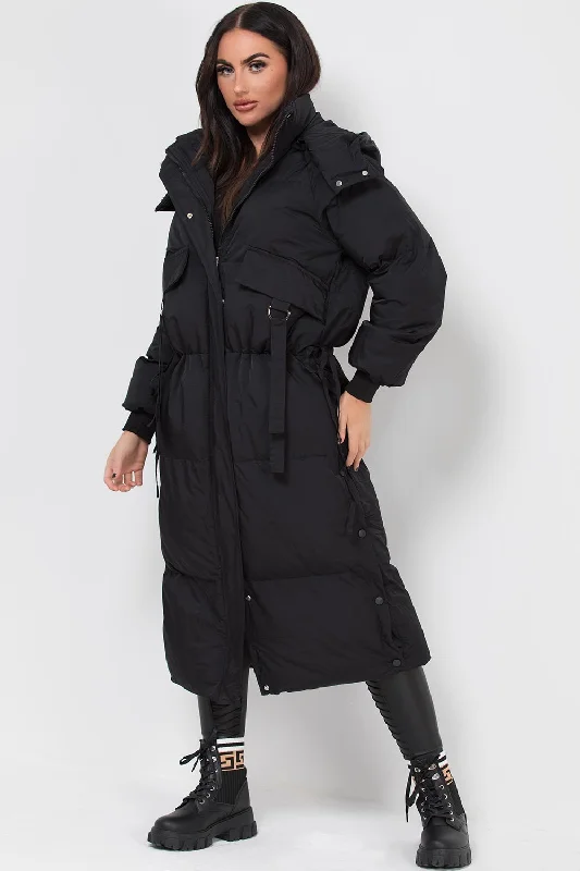 Long Puffer Padded Coat With Utility Pockets Black Tie-Waist Belted Drawstring
