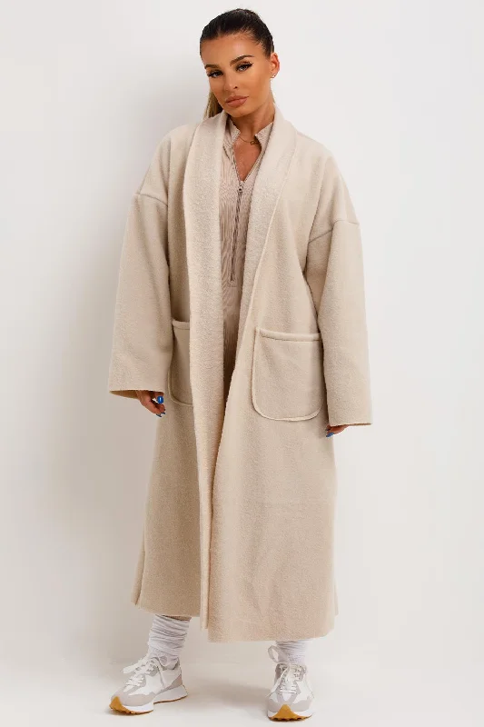 Longline Oversized Wool Look Coat With Pockets Beige Toggle Coat Shawl Collar Coat Notch Collar Coat Longline Oversized Wool Look Coat With Pockets Beige Toggle Coat Shawl Collar Coat Notch Collar Coat