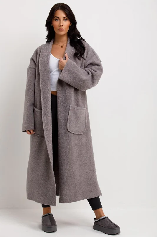 Longline Oversized Wool Look Coat With Pockets Grey Lapel Coat Peter Pan Collar Coat Cowl Neck Coat Longline Oversized Wool Look Coat With Pockets Grey Lapel Coat Peter Pan Collar Coat Cowl Neck Coat