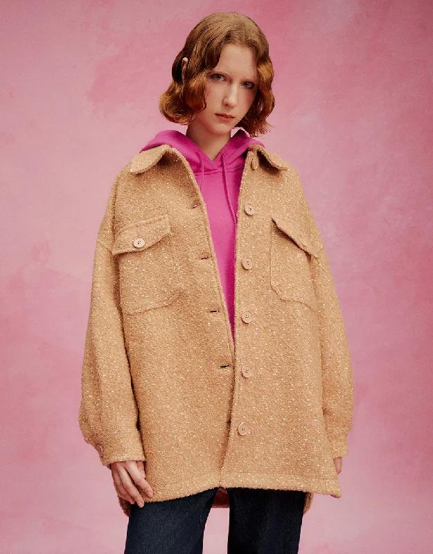 Longline Woolen Coat With Flip Pockets Cotton Linen Terry