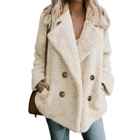 Autumn and Winter Women's Plush Button Lapels Pocket Coat Striped Polka Dot Floral