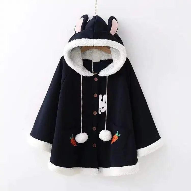 Embroidered Hooded Rabbit Ears Fur Ball And Fleece Cloak Hoodie with Exposed Zipper Edgy Industrial Embroidered Hooded Rabbit Ears Fur Ball And Fleece Cloak Hoodie with Exposed Zipper Edgy Industrial