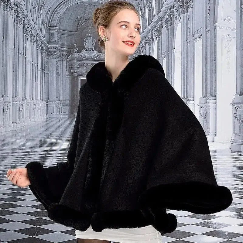 Hooded Cloak Imitation Rex Rabbit Fur Fashion Shawl Cozy Wool Shawl Scarf