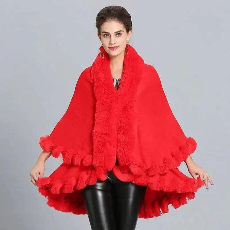 Loose Fox Fur Collar Double-layer Knitted Shawl Cloak Coat Elegant Lace Shawl Wrap